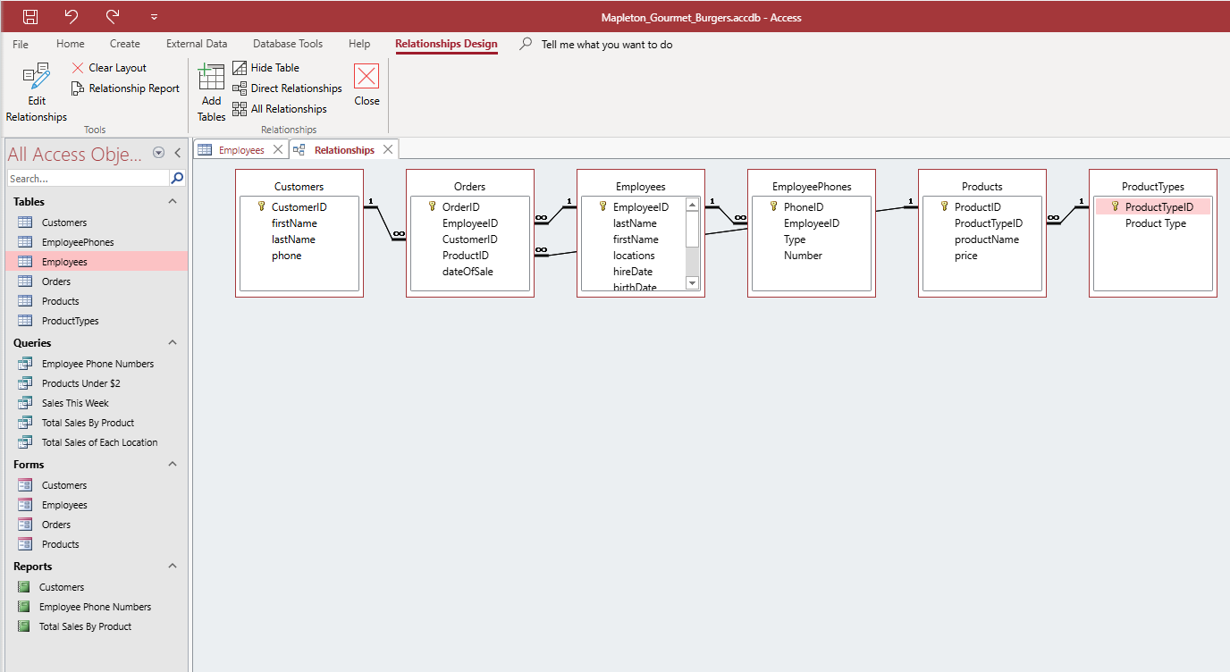 แสดงหน้าต่าง Relationships ที่เห็นตาราง Orders